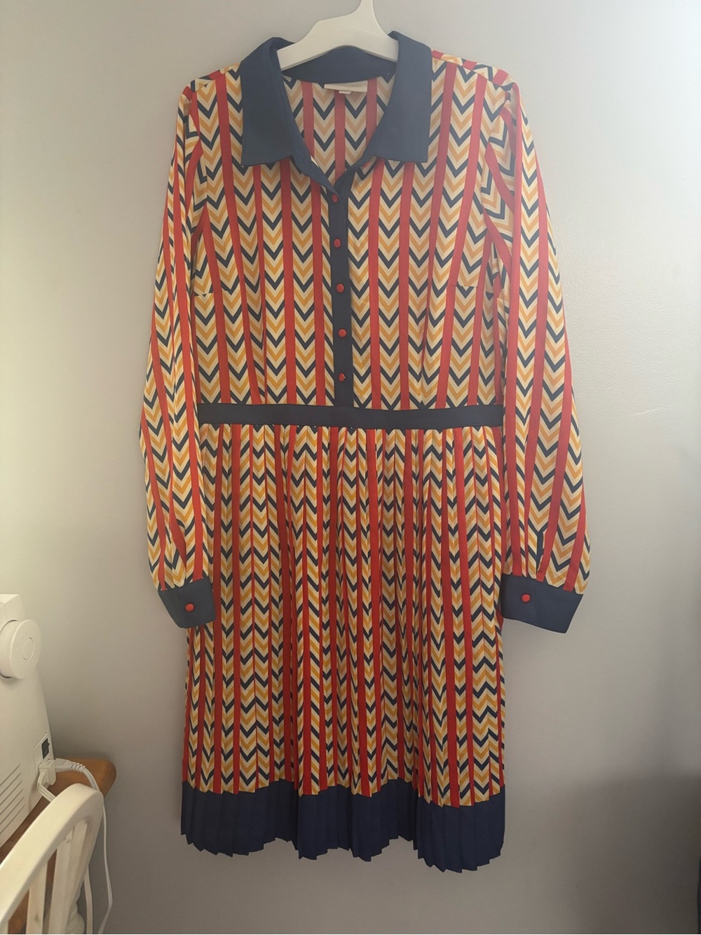 Retro Chevron Pleated Shirt Dress in Yellow, Red & Navy